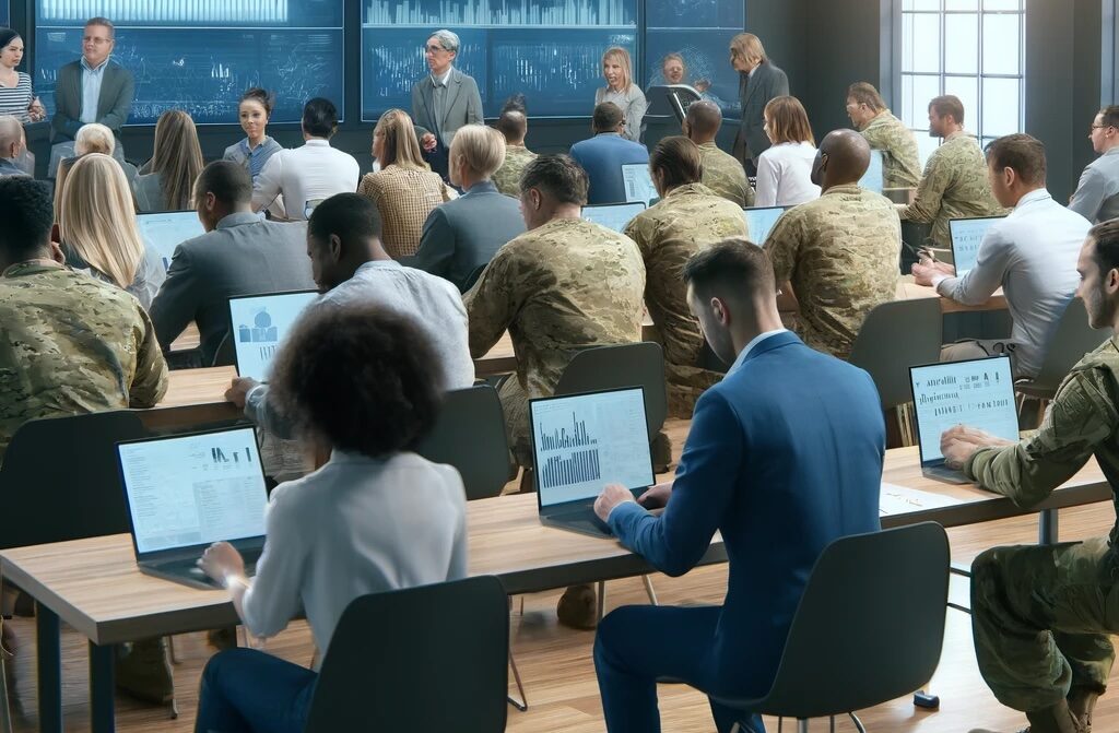 a diverse group of UK veterans and civilians engaged in a data analytics training session, capturing the blend of military and civilian learning environments